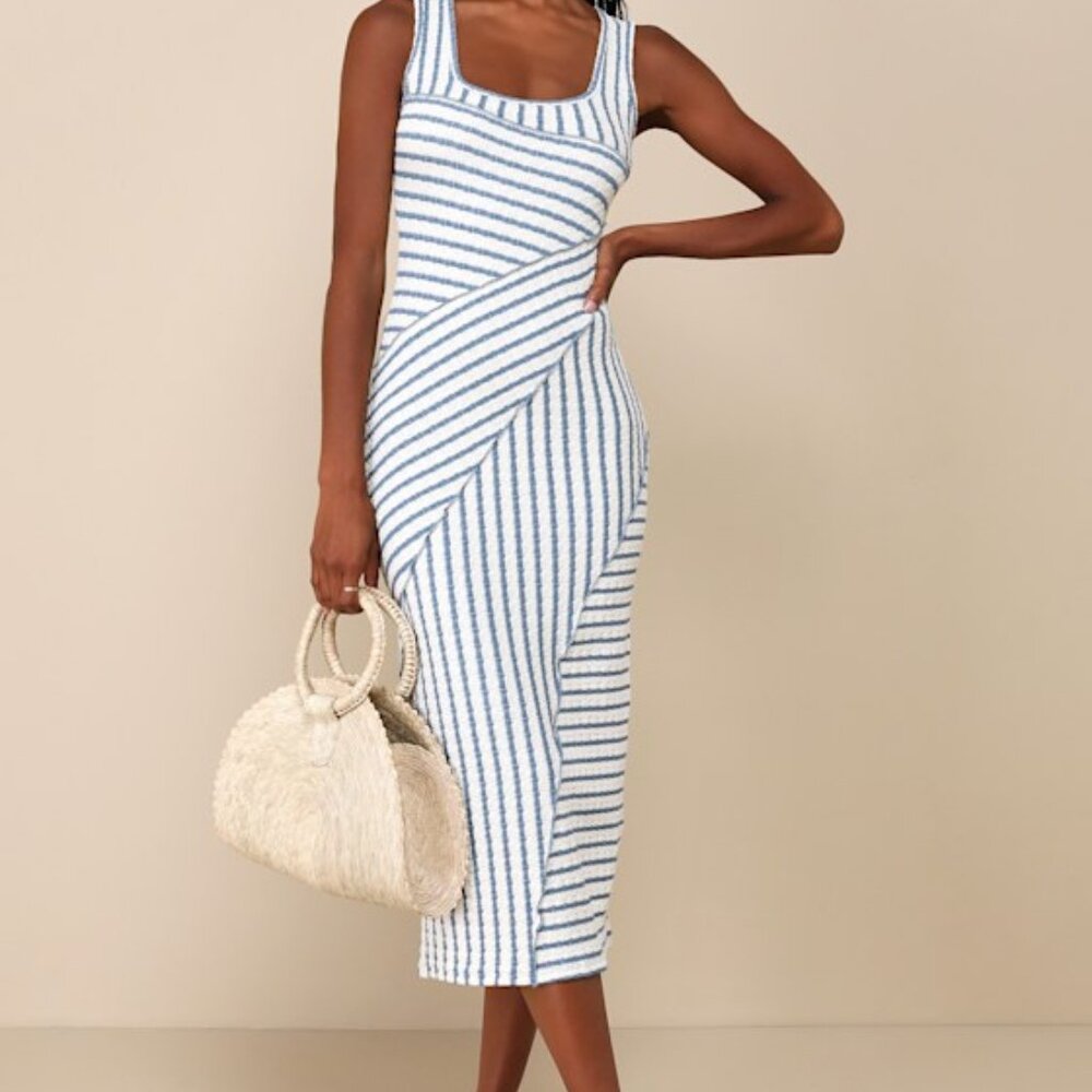 Lulus Constantly Trendy Blue Striped Crinkle Bodycon Midi Dress - Size L